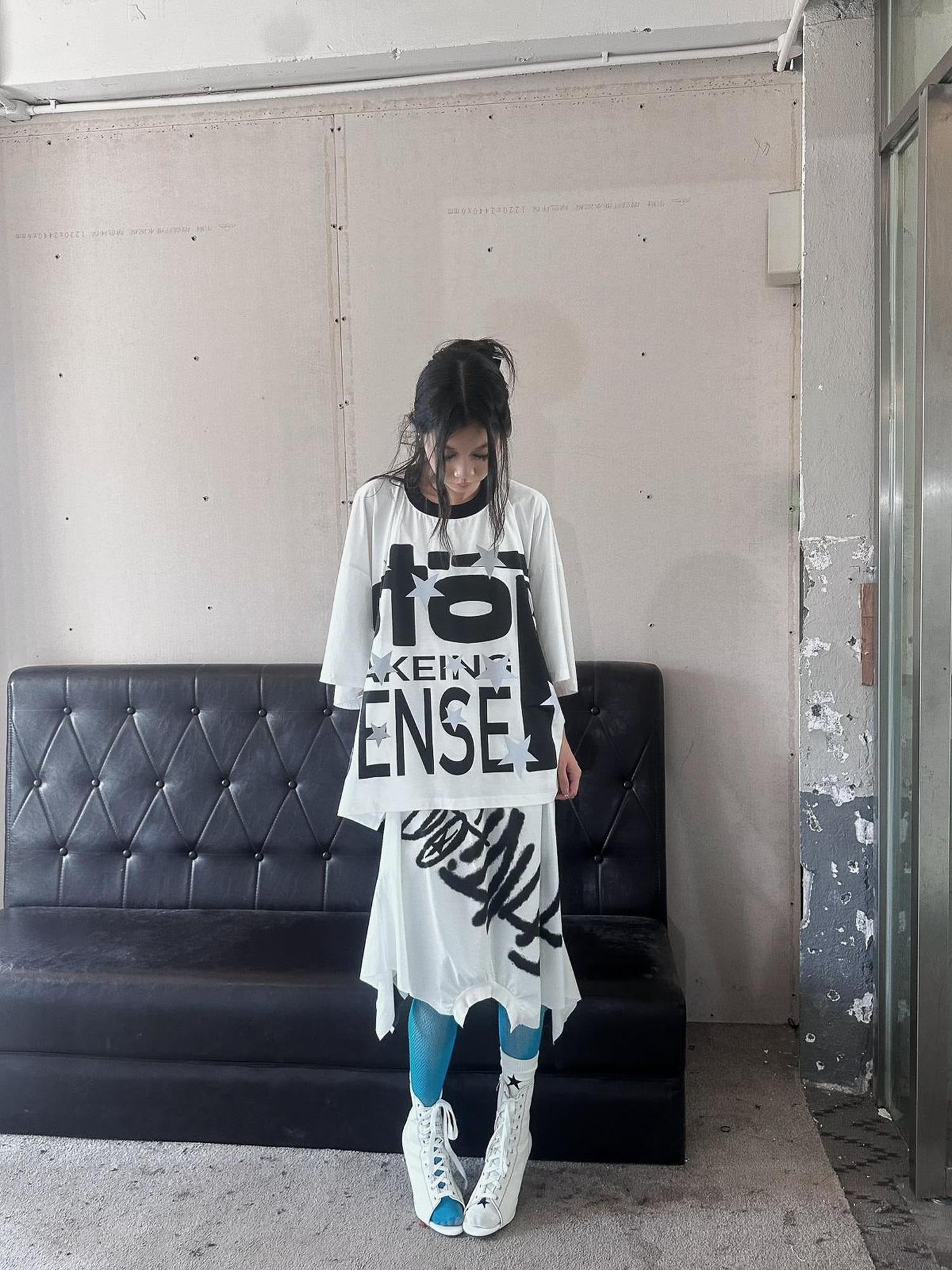 FULLTIDE Luminous Black White Casual Crew Neck Midlength Women 100 Percent Cotton T-Shirt