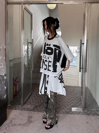 FULLTIDE Luminous Black White Casual Crew Neck Midlength Women 100 Percent Cotton T-Shirt