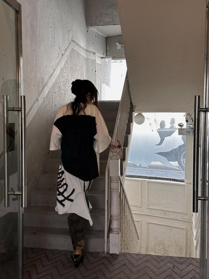 FULLTIDE Luminous Black White Casual Crew Neck Midlength Women 100 Percent Cotton T-Shirt