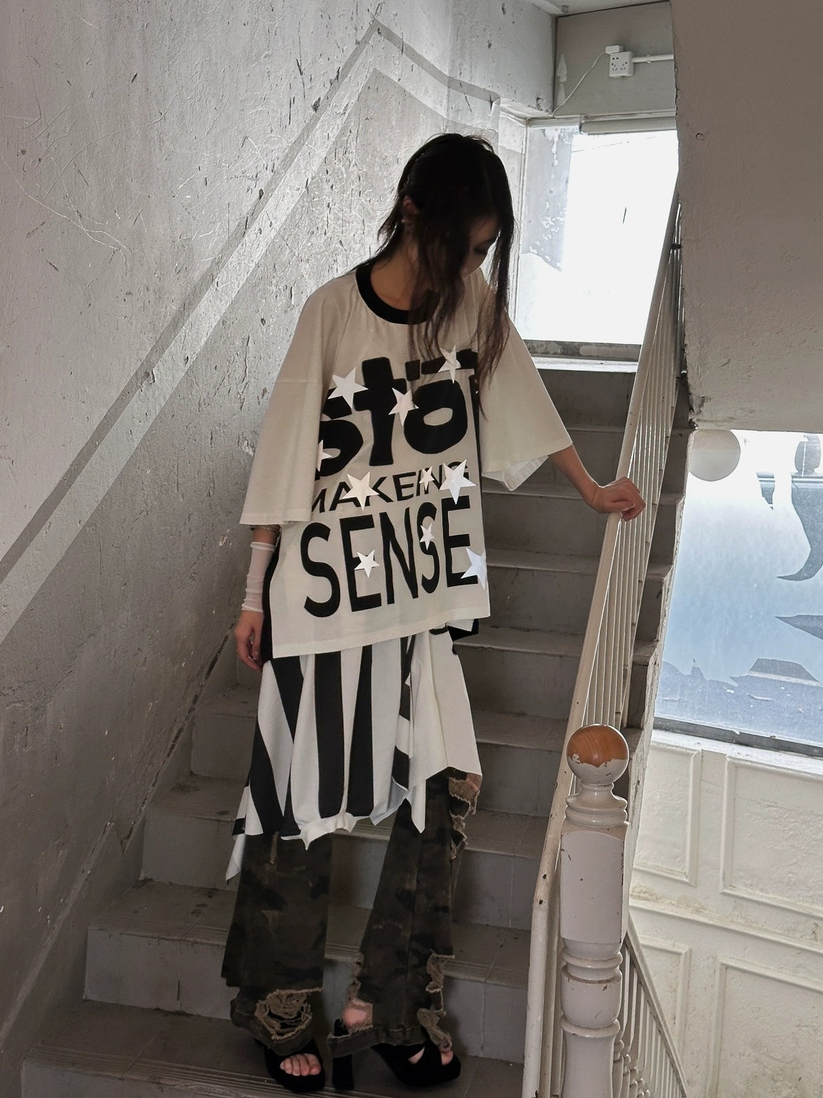 FULLTIDE Luminous Black White Casual Crew Neck Midlength Women 100 Percent Cotton T-Shirt