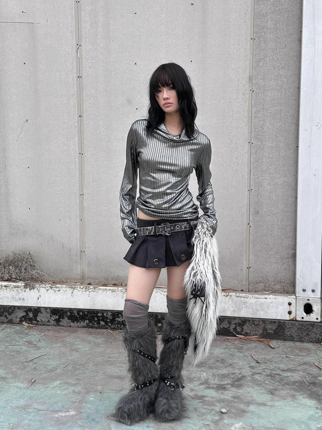 FULLTIDE Metallic Stretch Cool Style Cowl Neck Long Sleeve Slim Fit Women T-Shirt