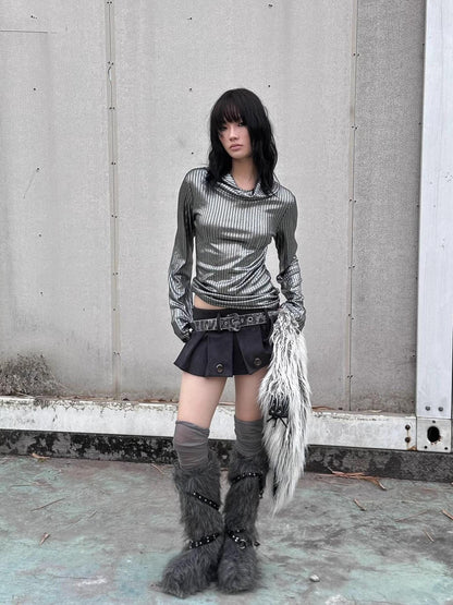 FULLTIDE Metallic Stretch Cool Style Cowl Neck Long Sleeve Slim Fit Women T-Shirt