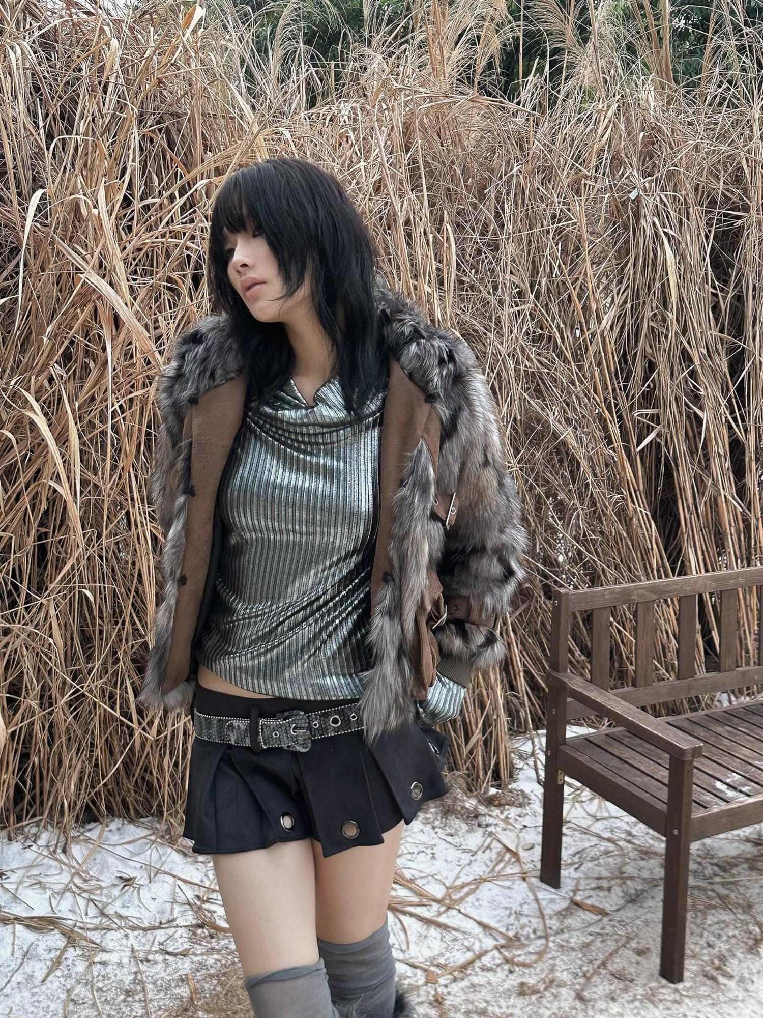 FULLTIDE Metallic Stretch Cool Style Cowl Neck Long Sleeve Slim Fit Women T-Shirt