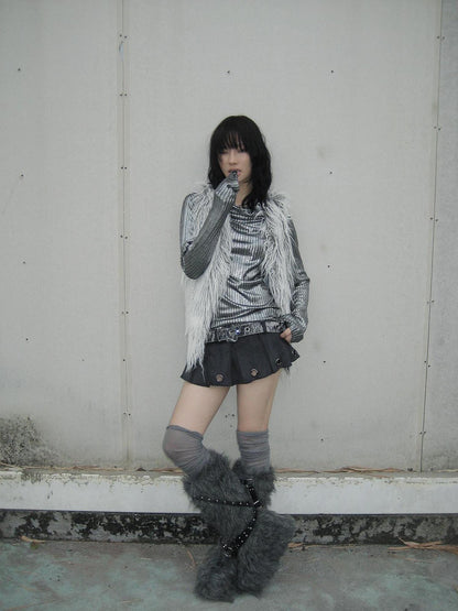 FULLTIDE Metallic Stretch Cool Style Cowl Neck Long Sleeve Slim Fit Women T-Shirt