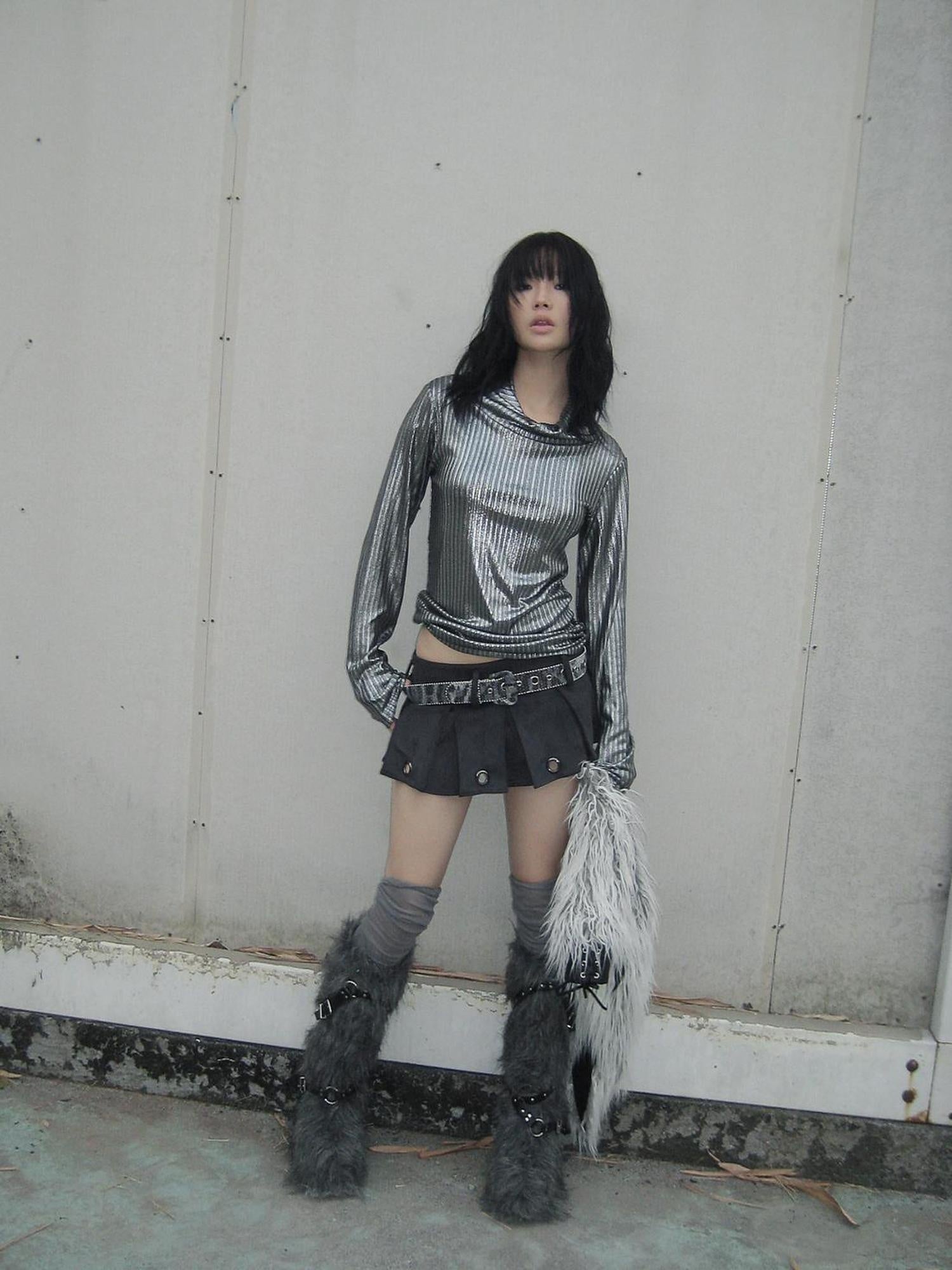 FULLTIDE Metallic Stretch Cool Style Cowl Neck Long Sleeve Slim Fit Women T-Shirt