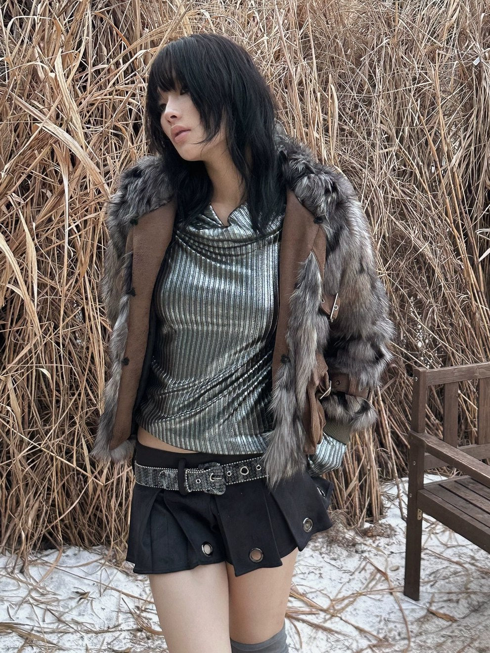 FULLTIDE Metallic Stretch Cool Style Cowl Neck Long Sleeve Slim Fit Women T-Shirt