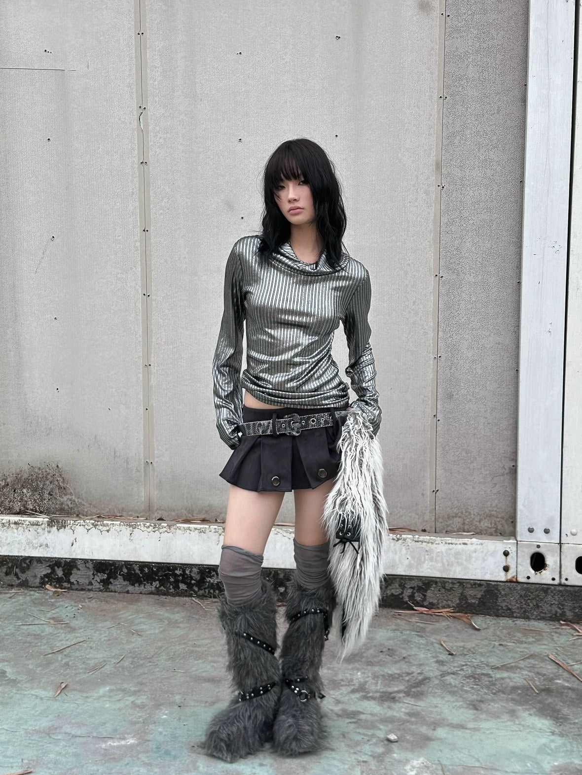 FULLTIDE Metallic Stretch Cool Style Cowl Neck Long Sleeve Slim Fit Women T-Shirt