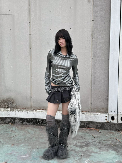 FULLTIDE Metallic Stretch Cool Style Cowl Neck Long Sleeve Slim Fit Women T-Shirt