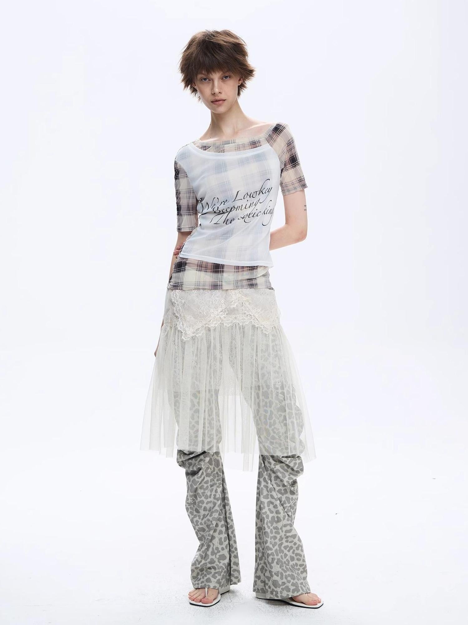 FULLTIDE Moisture Wicking Slim Fit Patchwork Boat Neck Women Plaid Cross Print T-Shirt