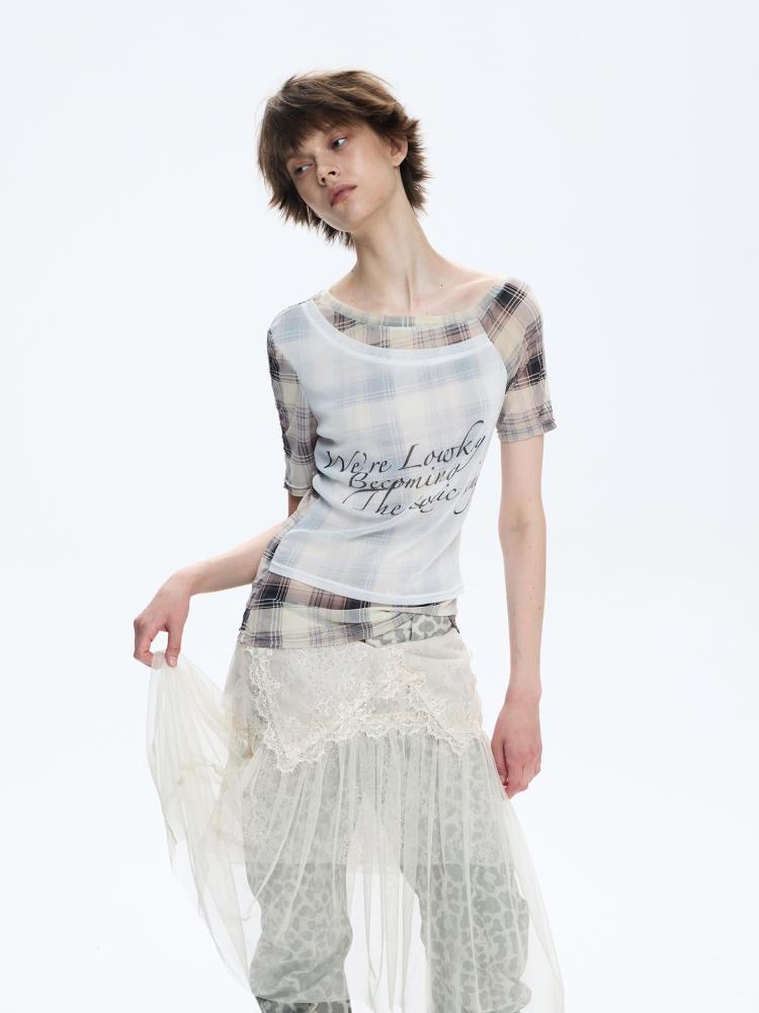 FULLTIDE Moisture Wicking Slim Fit Patchwork Boat Neck Women Plaid Cross Print T-Shirt