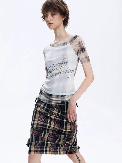 FULLTIDE Moisture Wicking Slim Fit Patchwork Boat Neck Women Plaid Cross Print T-Shirt