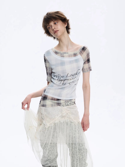 FULLTIDE Moisture Wicking Slim Fit Patchwork Boat Neck Women Plaid Cross Print T-Shirt