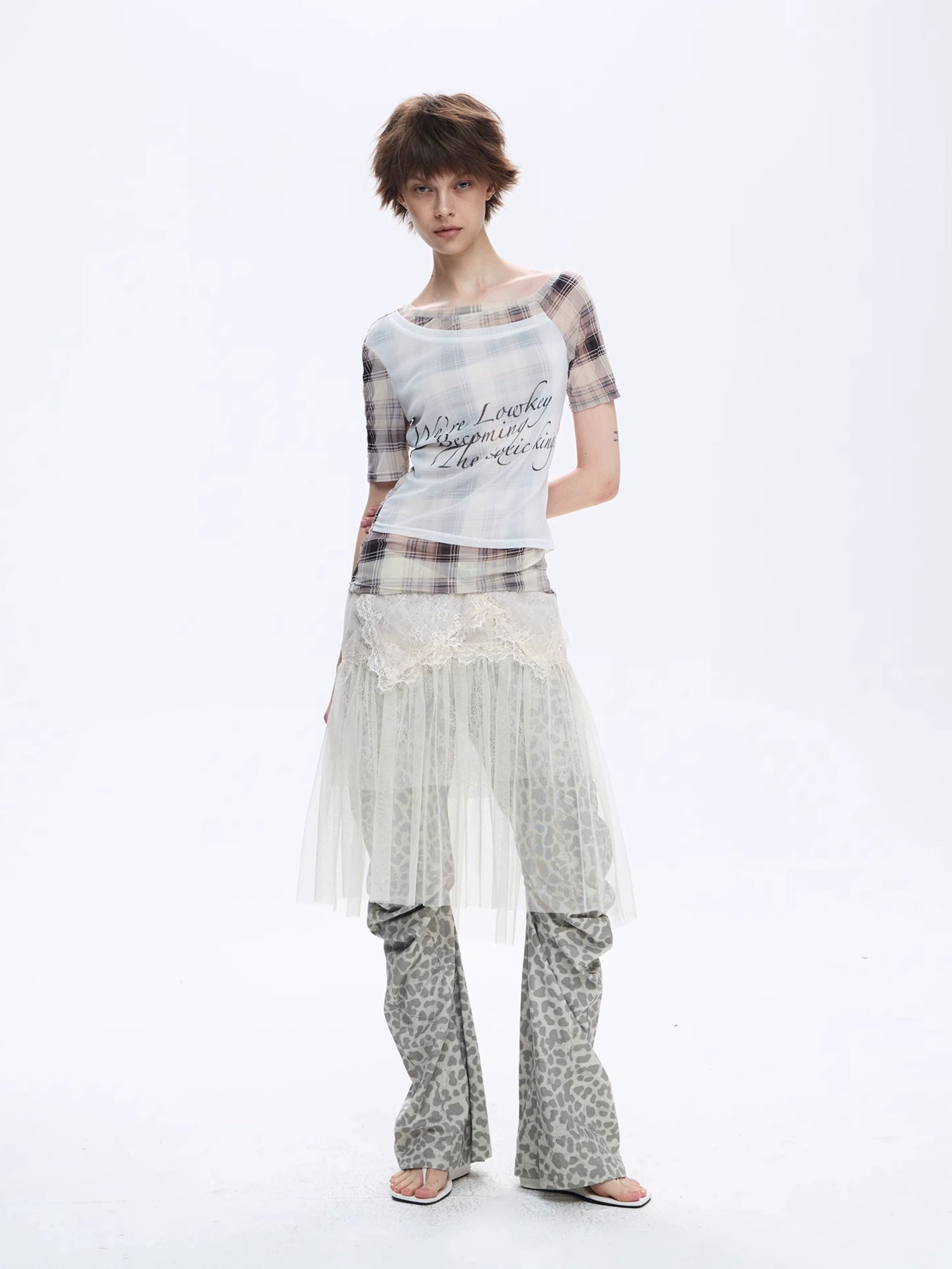 FULLTIDE Moisture Wicking Slim Fit Patchwork Boat Neck Women Plaid Cross Print T-Shirt