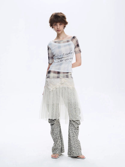 FULLTIDE Moisture Wicking Slim Fit Patchwork Boat Neck Women Plaid Cross Print T-Shirt