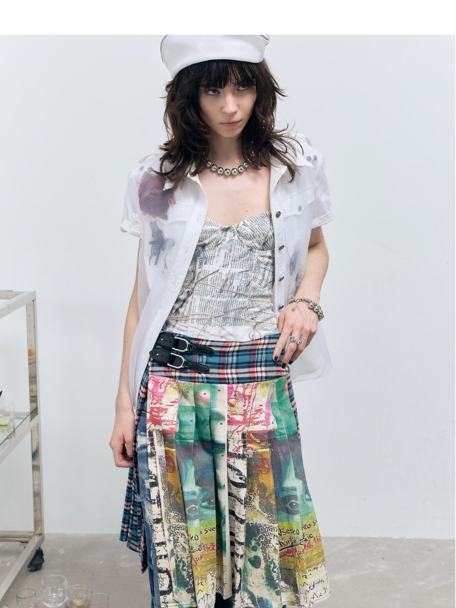 FULLTIDE Navy Plaid Graffiti Print Distressed Buckle Women&