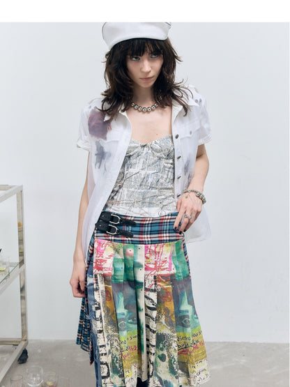 FULLTIDE Navy Plaid Graffiti Print Distressed Buckle Women&