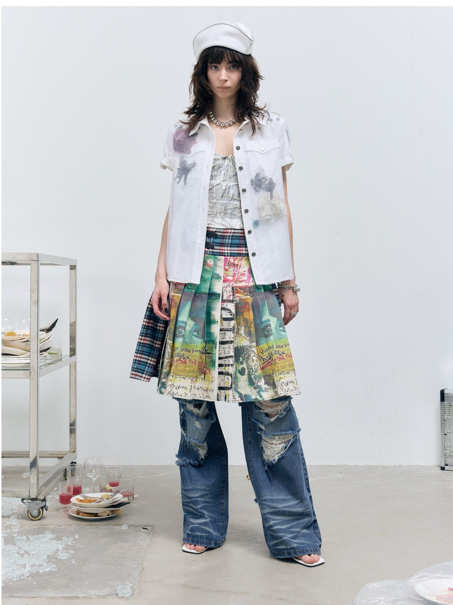 FULLTIDE Navy Plaid Graffiti Print Distressed Buckle Women&