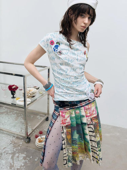 FULLTIDE Navy Plaid Graffiti Print Distressed Buckle Women&