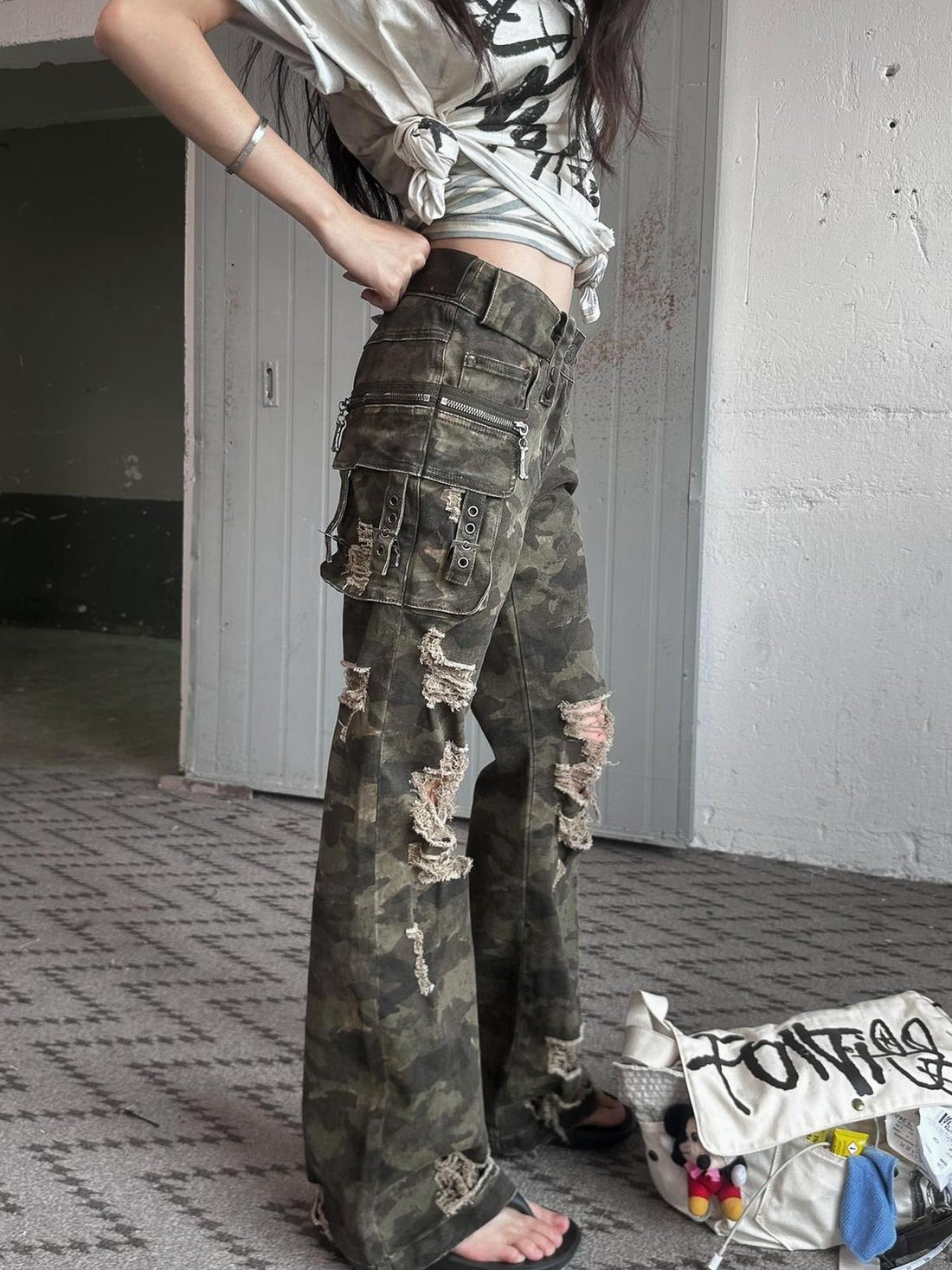 FULLTIDE Original Camo Denim Pure Cotton Low Rise Micro Flare Women Long Pants