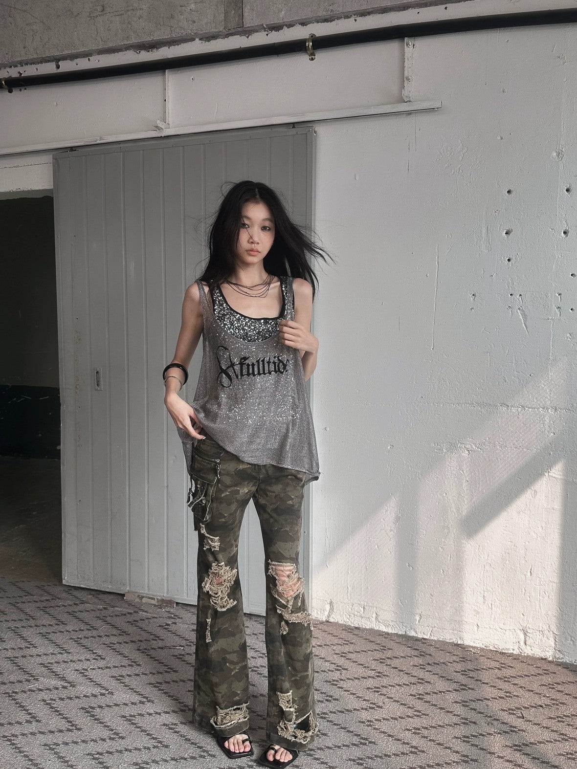 FULLTIDE Original Camo Denim Pure Cotton Low Rise Micro Flare Women Long Pants