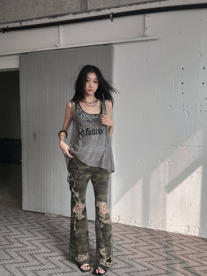 FULLTIDE Original Camo Denim Pure Cotton Low Rise Micro Flare Women Long Pants