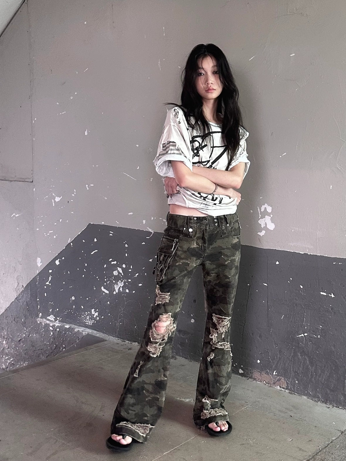 FULLTIDE Original Camo Denim Pure Cotton Low Rise Micro Flare Women Long Pants