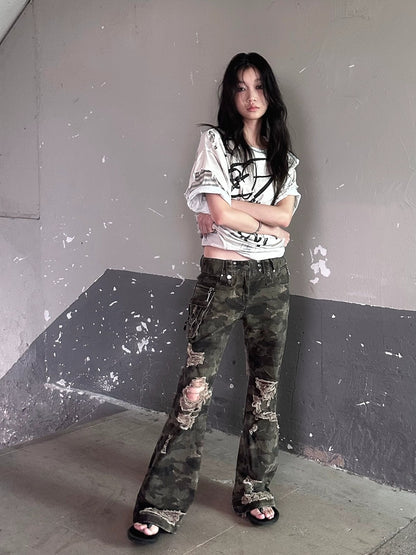 FULLTIDE Original Camo Denim Pure Cotton Low Rise Micro Flare Women Long Pants