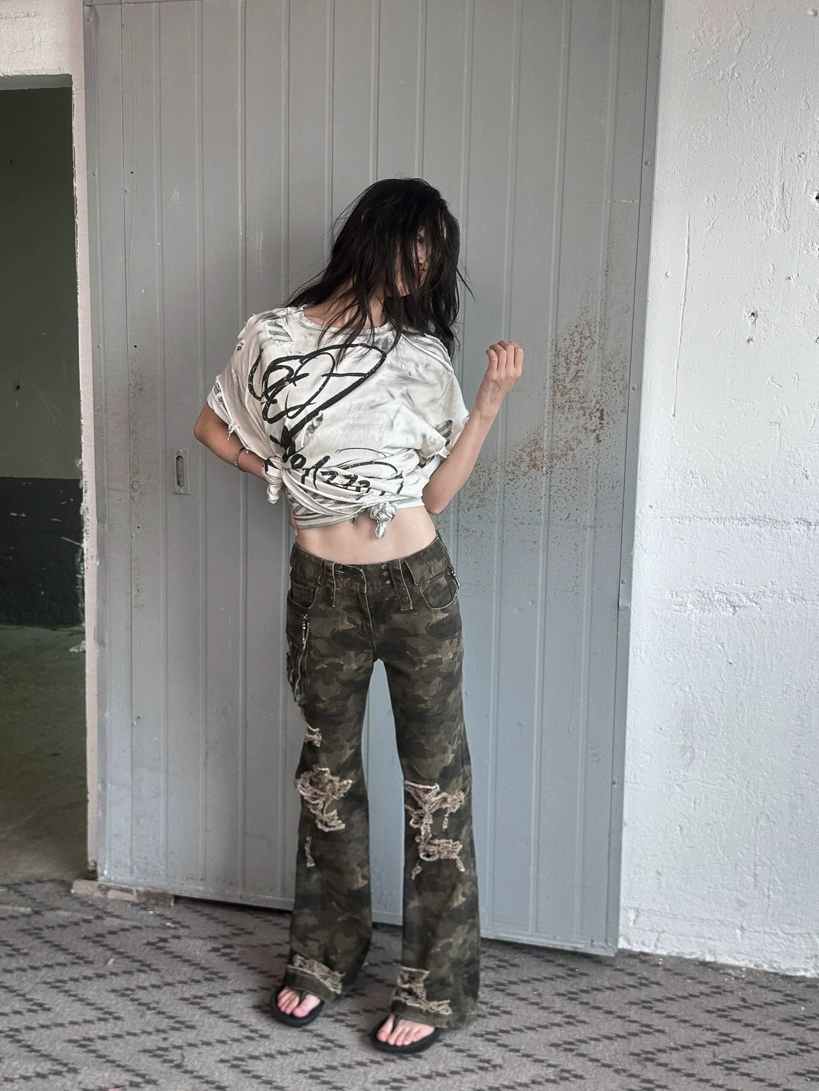 FULLTIDE Original Camo Denim Pure Cotton Low Rise Micro Flare Women Long Pants