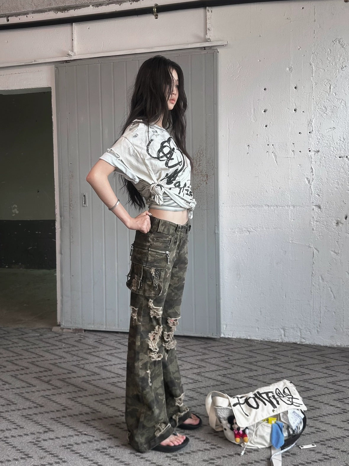 FULLTIDE Original Camo Denim Pure Cotton Low Rise Micro Flare Women Long Pants