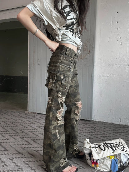FULLTIDE Original Camo Denim Pure Cotton Low Rise Micro Flare Women Long Pants