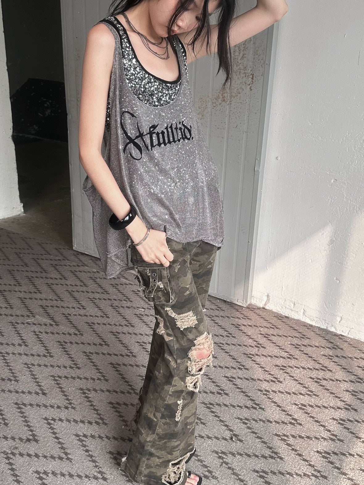 FULLTIDE Original Camo Denim Pure Cotton Low Rise Micro Flare Women Long Pants