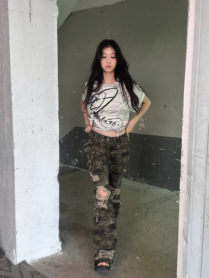 FULLTIDE Original Camo Denim Pure Cotton Low Rise Micro Flare Women Long Pants