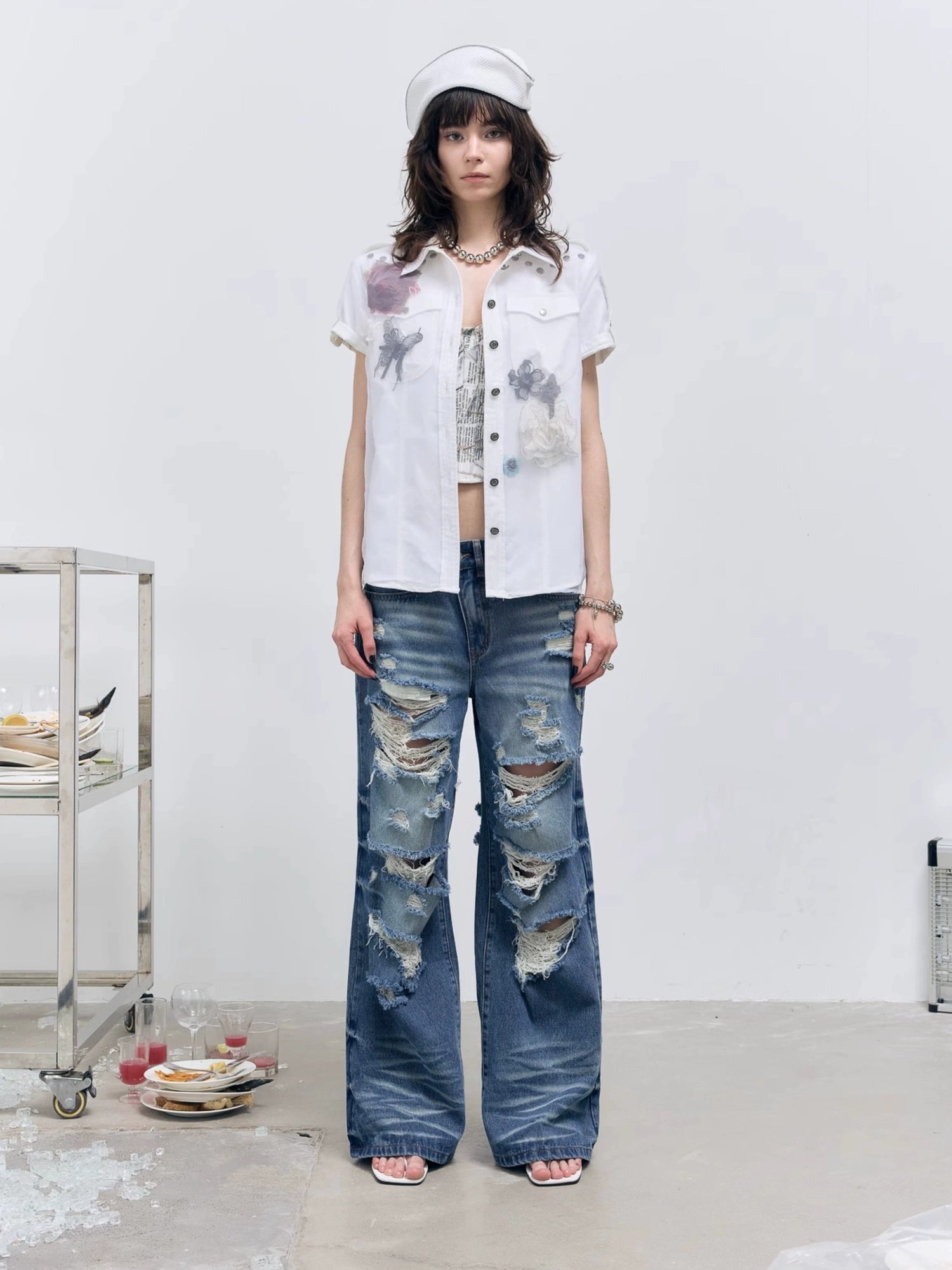 FULLTIDE Original Design Cotton Blend Polo Collar Short Sleeve Women Off White Shirt