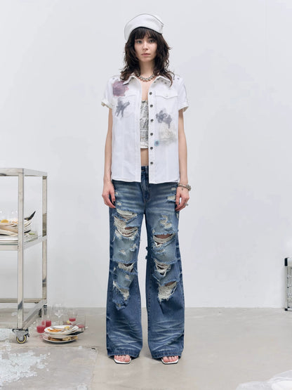 FULLTIDE Original Design Cotton Blend Polo Collar Short Sleeve Women Off White Shirt