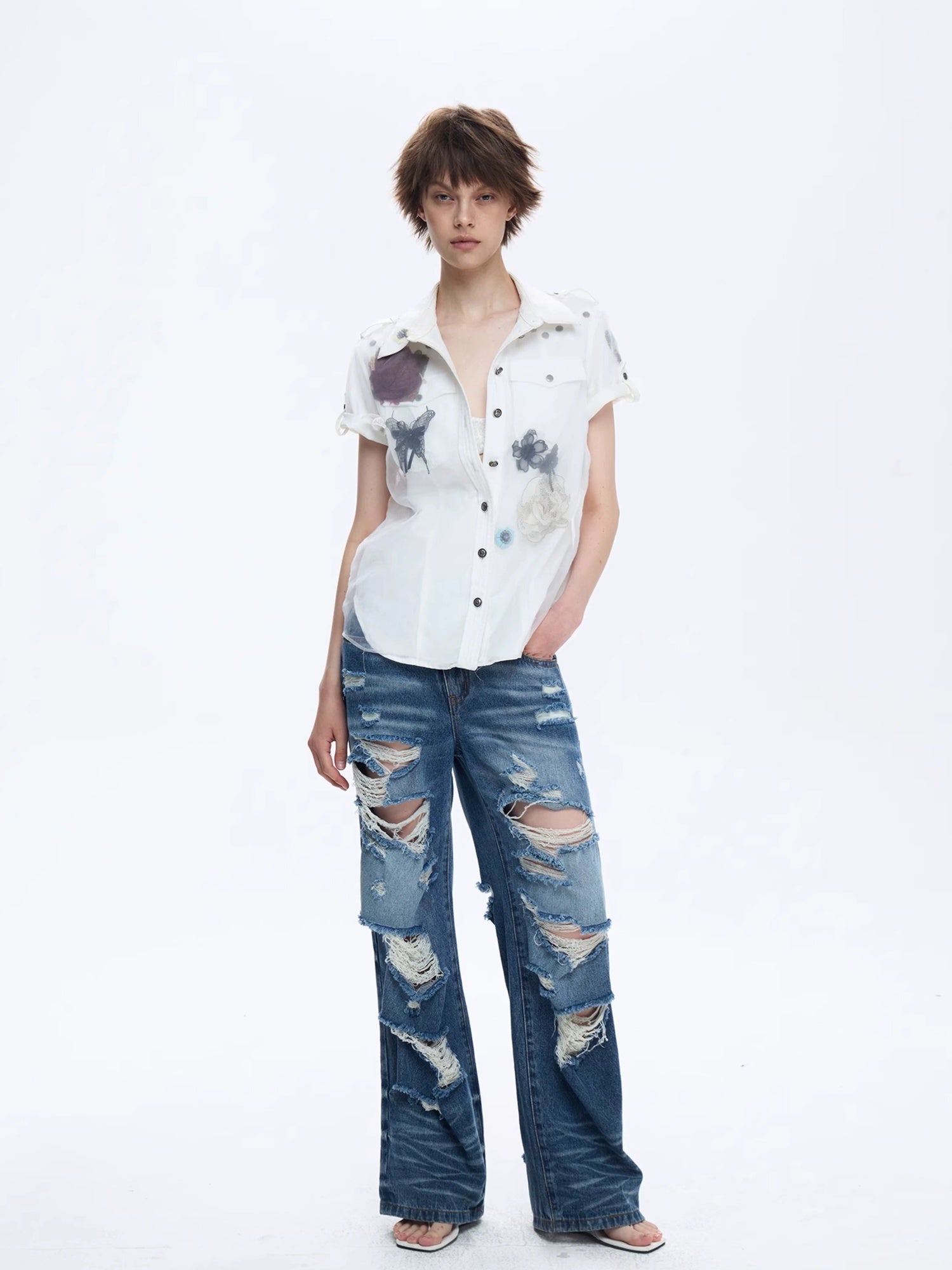 FULLTIDE Original Design Cotton Blend Polo Collar Short Sleeve Women Off White Shirt