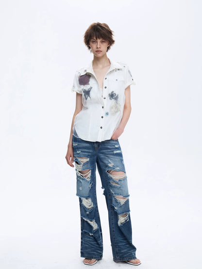 FULLTIDE Original Design Cotton Blend Polo Collar Short Sleeve Women Off White Shirt