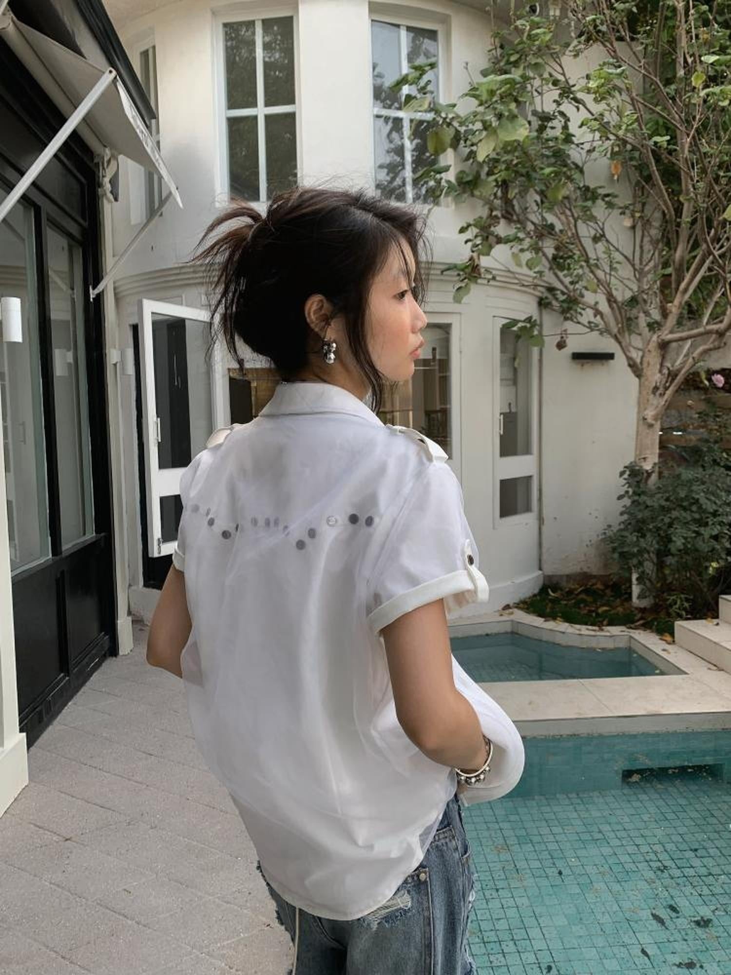 FULLTIDE Original Design Cotton Blend Polo Collar Short Sleeve Women Off White Shirt