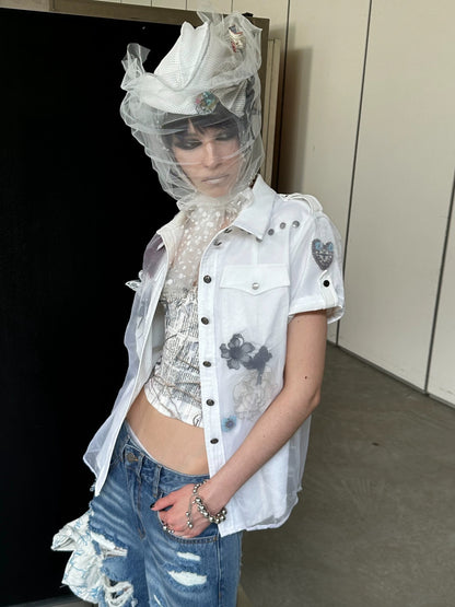 FULLTIDE Original Design Cotton Blend Polo Collar Short Sleeve Women Off White Shirt