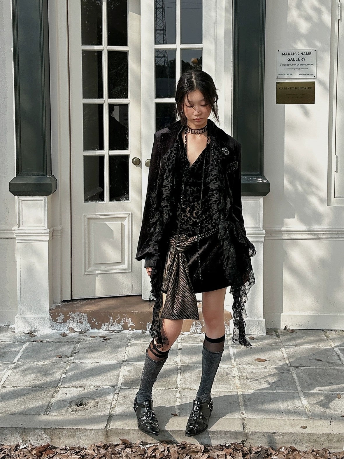 FULLTIDE Original Design Cropped One Shoulder Solid Flocked Women Black Two Piece T-Shirt