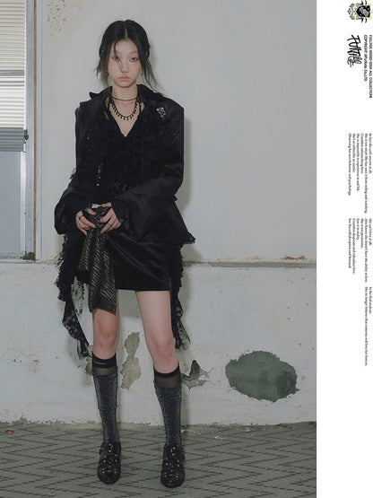 FULLTIDE Original Design Cropped One Shoulder Solid Flocked Women Black Two Piece T-Shirt