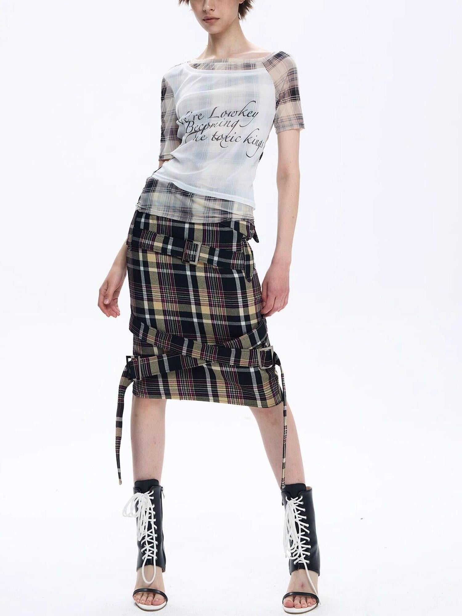 FULLTIDE Pink Deconstructed Plaid A Line Wrap Metal Lace Up Women&