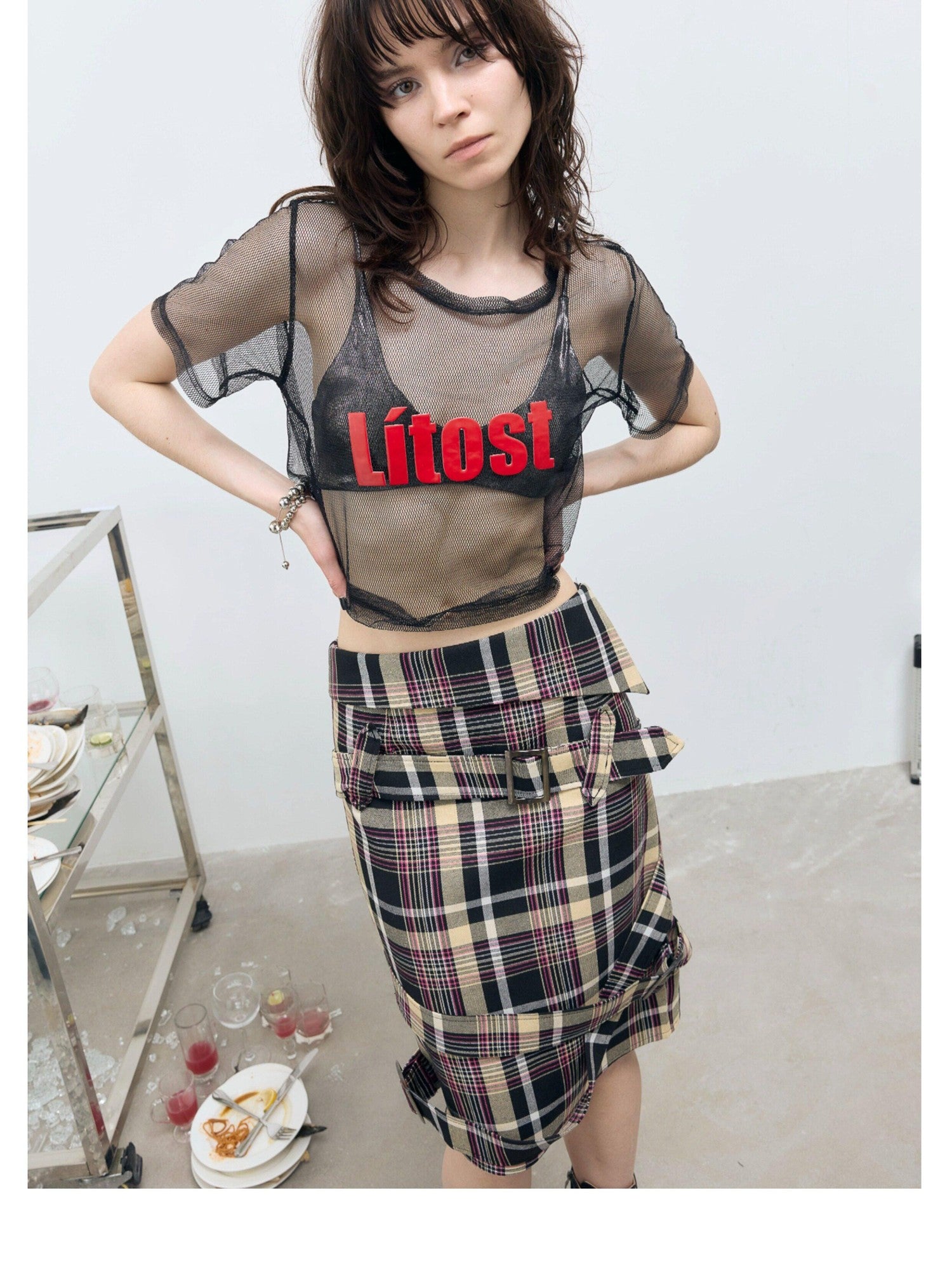 FULLTIDE Pink Deconstructed Plaid A Line Wrap Metal Lace Up Women&