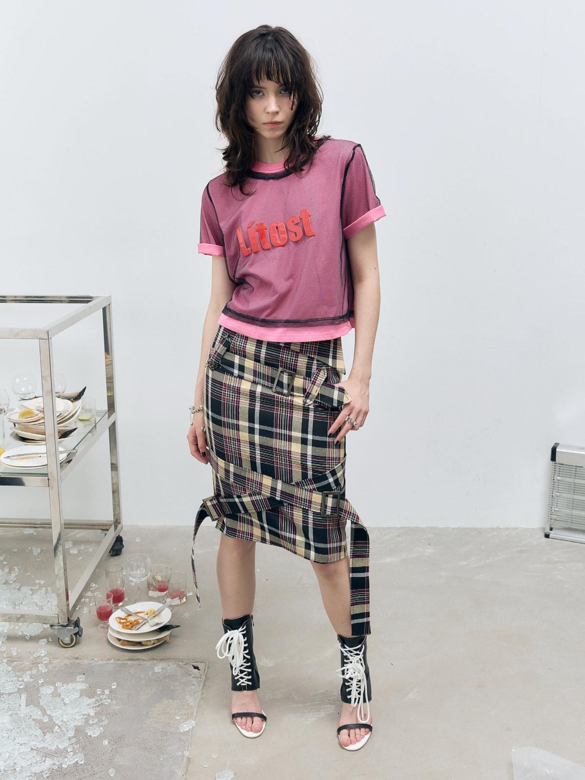 FULLTIDE Pink Deconstructed Plaid A Line Wrap Metal Lace Up Women&