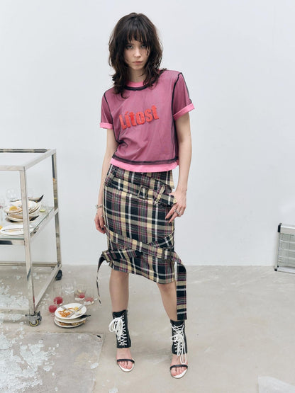 FULLTIDE Pink Deconstructed Plaid A Line Wrap Metal Lace Up Women&