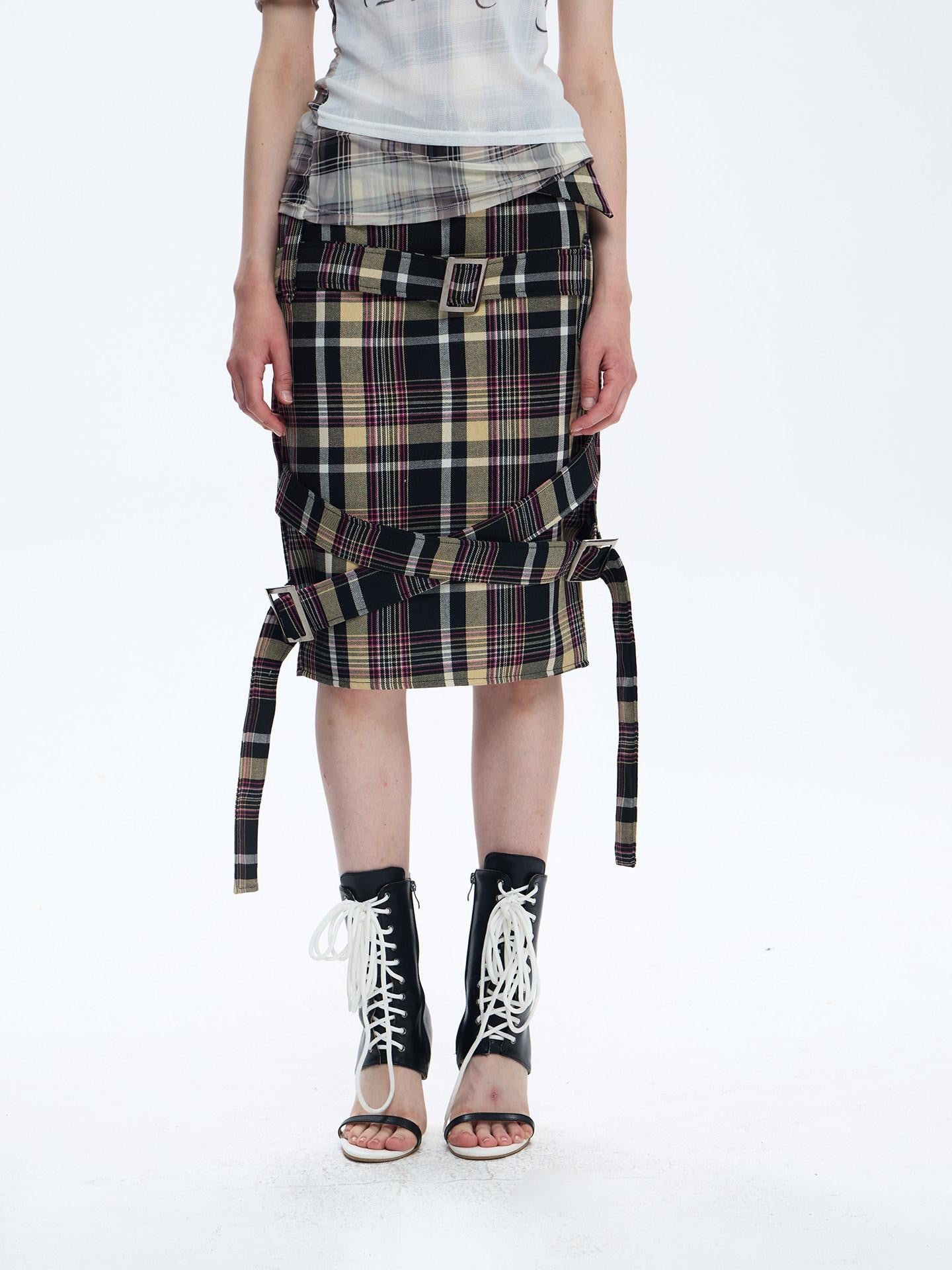 FULLTIDE Pink Deconstructed Plaid A Line Wrap Metal Lace Up Women&