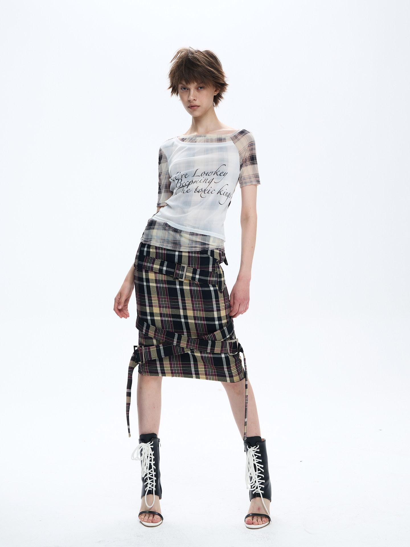 FULLTIDE Pink Deconstructed Plaid A Line Wrap Metal Lace Up Women&