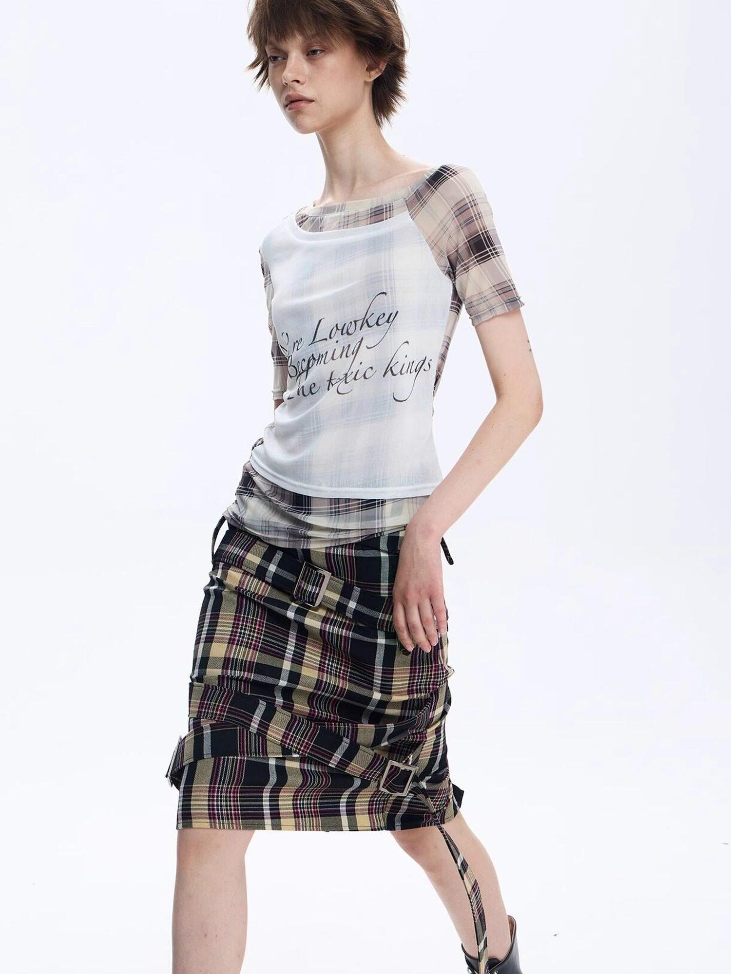 FULLTIDE Pink Deconstructed Plaid A Line Wrap Metal Lace Up Women&