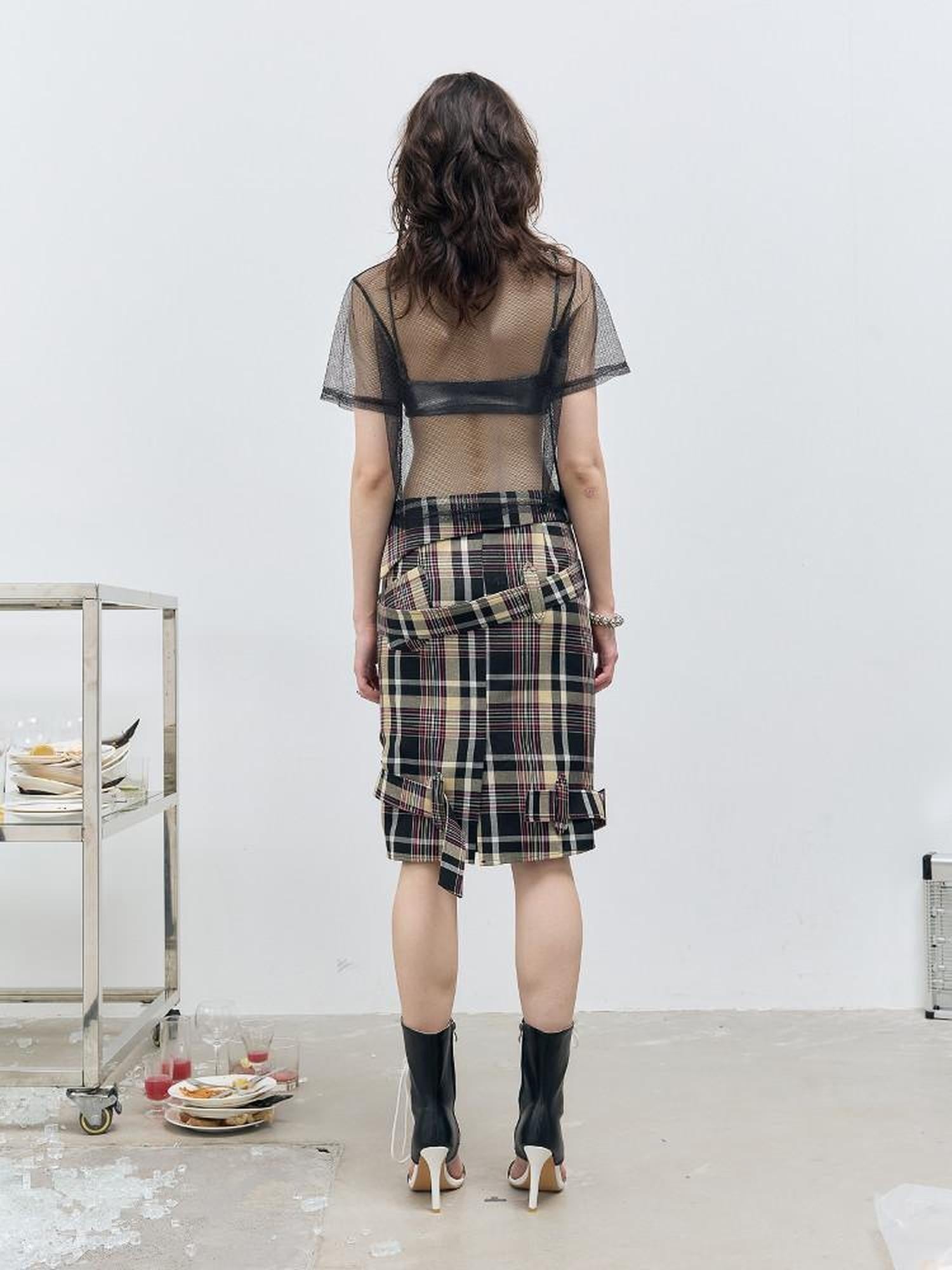 FULLTIDE Pink Deconstructed Plaid A Line Wrap Metal Lace Up Women&