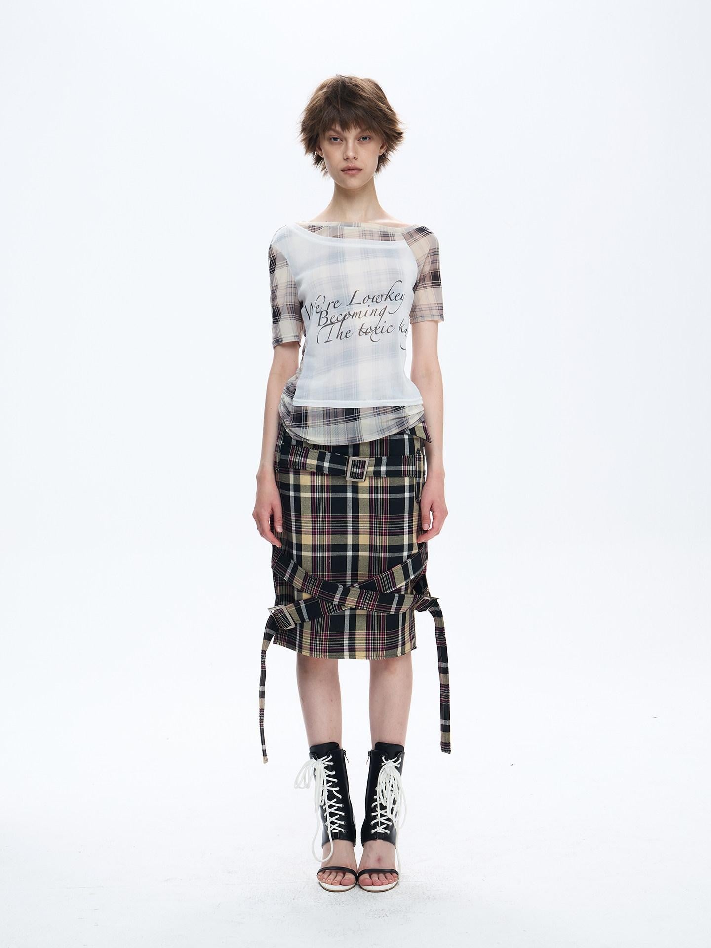 FULLTIDE Pink Deconstructed Plaid A Line Wrap Metal Lace Up Women&