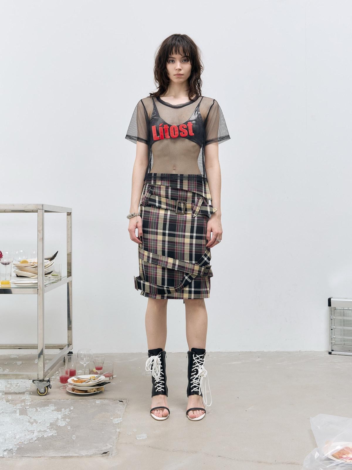 FULLTIDE Pink Deconstructed Plaid A Line Wrap Metal Lace Up Women&
